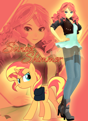 Size: 1143x1568 | Tagged: safe, artist:lolmilkmaria, sunset shimmer, human, pony, unicorn, equestria girls, g4, 3d, bag, butt, clothes, cute, duality, female, human ponidox, jacket, leather jacket, mare, mmd, name, pants, plot, saddle bag, self ponidox, smiling, solo