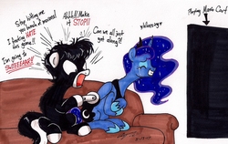 Size: 1867x1177 | Tagged: safe, artist:newyorkx3, princess luna, oc, oc:tommy junior, alicorn, earth pony, pony, g4, controller, crying, dialogue, laughing, mario kart, my sides, salty, schadenfreude, tears of laughter, traditional art, wheeze