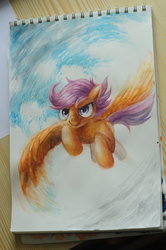 Size: 800x1204 | Tagged: safe, artist:drawirm, scootaloo, pegasus, pony, g4, aquarell, female, filly, flying, photo, scootaloo can fly, solo, traditional art, watercolor painting