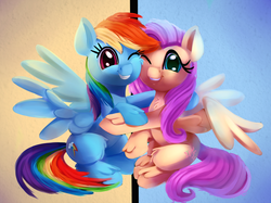 Size: 2000x1499 | Tagged: safe, artist:discorded, fluttershy, rainbow dash, pegasus, pony, fame and misfortune, g4, cute, dashabetes, duo, female, flawless, hug, looking at you, mare, scene interpretation, shyabetes, smiling