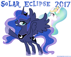 Size: 1500x1200 | Tagged: safe, artist:unicornarama, princess celestia, princess luna, alicorn, pony, g4, 2017 solar eclipse, alicorn eclipse, catasterism, duo, eclipse, female, grin, looking at you, raised hoof, simple background, sisters, smiling, solar eclipse, spread wings, transparent background, wings