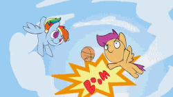 Size: 640x360 | Tagged: safe, artist:deadlycomics, rainbow dash, scootaloo, pegasus, pony, ponies the anthology vi, g4, animated, basketball, blank flank, duo, female, filly, foal, gif, mare, slam dunk, spread wings, wings