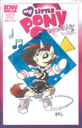 Size: 775x1200 | Tagged: safe, artist:tony fleecs, oc, oc only, oc:ryleigh, pony, unicorn, 80s, bow, clothes, collar, comic cover, commission, converse, dancing, dress, female, hair bow, mare, music notes, shoes, sneakers, solo, traditional art