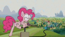Size: 640x360 | Tagged: safe, artist:piemations, pinkie pie, twilight sparkle, earth pony, pony, unicorn, ponies the anthology vi, g4, animated, butt, destruction, detonator, duo, explosion, faic, female, gif, grin, implied death, mare, mushroom cloud, out of character, plot, ponyville, shockwave, smiling, sweet apple acres
