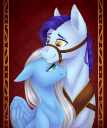 Size: 1532x1822 | Tagged: safe, artist:doekitty, oc, oc only, oc:maqsud, oc:summer breeze, pegasus, pony, bridle, bust, commission, couple, female, male, mare, oc x oc, portrait, saddle arabia, shipping, smiling, stallion, straight, tack