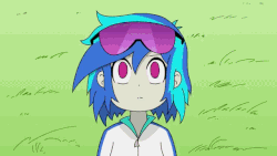 Size: 640x360 | Tagged: safe, artist:iron solari, dj pon-3, vinyl scratch, human, ponies the anthology vi, equestria girls, g4, animated, anime, constanze amalie von braunschbank-albrechtsberger, cute, eyes closed, female, gif, glasses, grass, humanized, little witch academia, smiling, solo, vinylbetes
