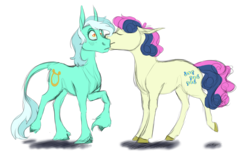Size: 4140x2512 | Tagged: safe, artist:nightyscribbles, bon bon, lyra heartstrings, sweetie drops, classical unicorn, earth pony, pony, unicorn, g4, blushing, cheek kiss, cloven hooves, duo, eyes closed, female, horn, kissing, leonine tail, lesbian, mare, raised hoof, ship:lyrabon, shipping, simple background, smiling, surprise kiss, surprised, transparent background, unshorn fetlocks
