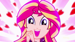 Size: 1280x720 | Tagged: safe, screencap, sunset shimmer, equestria girls, g4, my little pony equestria girls: summertime shorts, pet project, cute, daaaaaaaaaaaw, excited, female, happy, heart, shimmerbetes, shimmering the gecko, solo, squee