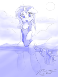 Size: 1024x1365 | Tagged: safe, artist:novaintellus, sunset shimmer, pony, unicorn, g4, clothes, cute, female, floppy ears, looking at you, mare, monochrome, one-piece swimsuit, open mouth, shimmerbetes, solo, sun, surfboard, swimsuit, water