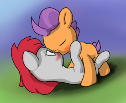 Size: 946x778 | Tagged: safe, artist:foal, tender taps, train tracks (g4), earth pony, pony, g4, colt, duo, foal, foal romance, gay, kissing, male, shipping, tendertracks