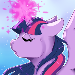 Size: 900x900 | Tagged: safe, artist:lossfox, twilight sparkle, alicorn, pony, fame and misfortune, g4, eyes closed, female, flawless, glowing horn, horn, scene interpretation, solo, twilight sparkle (alicorn)