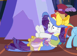 Size: 550x400 | Tagged: safe, edit, edited screencap, screencap, rainbow dash, rarity, pegasus, pony, unicorn, fame and misfortune, g4, season 7, animated, clothes, discovery family logo, duo, female, fetal position, gif, hat, mare, perfect loop, rocking, stress couture