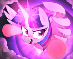 Size: 1600x1286 | Tagged: safe, artist:maren, twilight sparkle, alicorn, pony, g4, female, flying, glowing horn, horn, mare, open mouth, smiling, smirk, solo, twilight sparkle (alicorn)