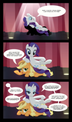 Size: 946x1599 | Tagged: safe, edit, edited screencap, screencap, applejack, rarity, pony, fame and misfortune, g4, appleseat, comic, dialogue, duo, female, flawless, scene interpretation, screencap comic, sitting on person, sitting on pony, speech bubble, we're not flawless