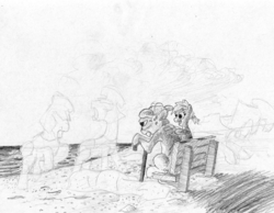 Size: 1155x894 | Tagged: safe, artist:t72b, derpibooru exclusive, pony, g4, armor, background pony, beach, bench, female, filly, flashback, grandfather and grandchild, memories, monochrome, newbie artist training grounds, ocean, older, sitting, traditional art, war
