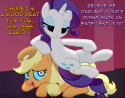 Size: 976x768 | Tagged: safe, edit, edited screencap, screencap, applejack, rarity, pony, fame and misfortune, g4, appleseat, cropped, darling, dialogue, duo, female, femdom, flawless, forniphilia, living object, mind control, mistress, raridom, swirly eyes