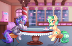 Size: 4500x2902 | Tagged: safe, artist:scarlet-spectrum, oc, oc only, oc:first edition, oc:silverstar, pegasus, pony, unicorn, commission, female, lesbian, looking at each other, mare, smiling, table