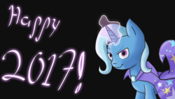 Size: 1920x1080 | Tagged: safe, artist:elendichelipse, artist:whoovespon3, trixie, pony, unicorn, g4, 2017, cape, clothes, collaboration, happy new year, hat, holiday, slowpoke, trixie's cape, trixie's hat