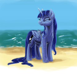 Size: 640x640 | Tagged: safe, artist:da-exile, princess luna, alicorn, pony, g4, beach, cute, eyes closed, female, mare, missing accessory, ocean, smiling, solo, water, wet, wet mane