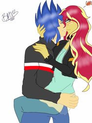 Size: 600x800 | Tagged: safe, artist:brickercupmasterx3, flash sentry, sunset shimmer, equestria girls, g4, blushing, clothes, female, jacket, looking at each other, male, pants, ship:flashimmer, shipping, shirt, simple background, smiling, straight
