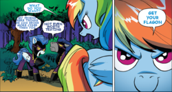 Size: 634x339 | Tagged: safe, artist:andy price, edit, idw, official comic, rainbow dash, pegasus, pony, g4, clothes, comic, costume, disguise, disguised changeling, female, guardians of harmony, mare, shadowbolts, shadowbolts costume, smiling, smirk, speech bubble, text edit