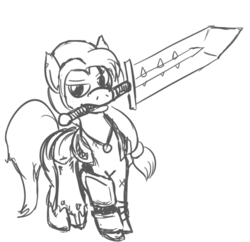 Size: 544x526 | Tagged: safe, artist:jargon scott, earth pony, pony, armor, grayscale, monochrome, simple background, solo, sword, weapon, white background