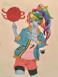 Size: 958x1280 | Tagged: safe, artist:candasaurus, rainbow dash, equestria girls, g4, ball, basketball, clothes, female, multicolored hair, solo, spinning, traditional art