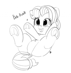 Size: 1280x1308 | Tagged: safe, artist:pabbley, coconut cream, earth pony, pony, fame and misfortune, g4, 30 minute art challenge, belly button, bellyrubs, coconut cute, cute, dock, female, filly, frog (hoof), lineart, monochrome, on back, open mouth, pabbley is trying to murder us, solo, speech, underhoof