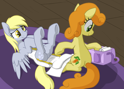 Size: 1600x1150 | Tagged: safe, artist:skitter, carrot top, derpy hooves, golden harvest, earth pony, pegasus, pony, g4, bag, butt, diaper, diaper bag, diaper change, diaper fetish, diapering, duo, female, fetish, legs in air, mare, non-baby in diaper, on back, open diaper, plot, removing diaper, scrunchy face, sitting, spread wings, taking off diaper, wings