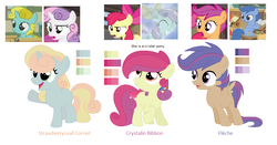 Size: 934x490 | Tagged: safe, artist:shinybrony, pony, color palette, magical lesbian spawn, offspring, parent:apple bloom, parent:archer, parent:opal bloom, parent:scootaloo, parent:sun glimmer, parent:sweetie belle