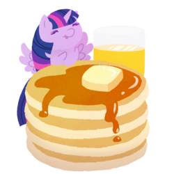 Size: 800x800 | Tagged: safe, artist:anzicorn, twilight sparkle, alicorn, pony, g4, chibi, cute, eyes closed, female, food, happy, pancakes, simple background, smiling, solo, spread wings, tiny, tiny ponies, transparent background, twiabetes, twilight sparkle (alicorn), wings