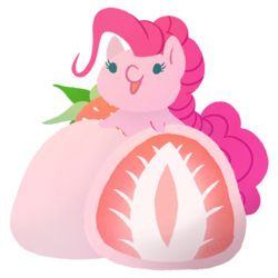 Size: 800x800 | Tagged: dead source, safe, artist:anzicorn, pinkie pie, earth pony, pony, g4, chibi, female, food, mochi, simple background, smiling, solo, strawberry, tiny, tiny ponies, transparent background