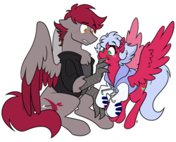 Size: 1152x930 | Tagged: safe, artist:egophiliac, oc, oc only, oc:melon frost, oc:velvet quill, hippogriff, pegasus, pony, chest fluff, clothes, confused, cute, ear piercing, finger in mouth, flying, freckles, hoodie, jacket, licking, mod pony, nom, piercing, ponysona, simple background, sitting, talons, tongue out, transparent background, varsity jacket