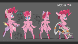 Size: 3000x1688 | Tagged: safe, artist:satv12, pinkie pie, android, pony, robot, robot pony, g4, bipedal, blushing, butt, concept art, female, lineless, plot, solo, weapon