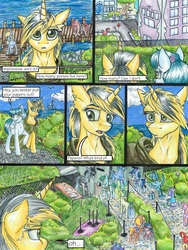 Size: 3000x4000 | Tagged: safe, artist:tillie-tmb, derpy hooves, oc, oc only, oc:meadow lark, oc:tempest, earth pony, pony, unicorn, comic:the amulet of shades, cloak, clothes, comic, female, high res, manehattan, mare, traditional art