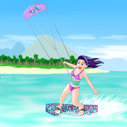Size: 2000x2000 | Tagged: safe, artist:phallen1, starlight glimmer, human, g4, atg 2017, beach, bikini, clothes, cute, female, glimmerbetes, happy, high res, humanized, kite, kite flying, kiteboarding, newbie artist training grounds, solo, surfing, swimsuit, that pony sure does love kites