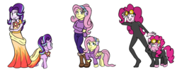 Size: 1284x526 | Tagged: safe, artist:patwhit01, fluttershy, pinkie pie, starlight glimmer, earth pony, human, pegasus, pony, unicorn, equestria girls, g4, catsuit, clothes, dress, human ponidox, pinkie spy, self ponidox, simple background, sneaking suit, white background
