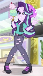 Size: 4644x8256 | Tagged: safe, artist:rodan00, starlight glimmer, equestria girls, equestria girls specials, g4, mirror magic, absurd resolution, beanie, boots, clothes, cute, female, food, glimmerbetes, hat, high heel boots, ice cream, pants, ripped pants, scene interpretation, shoes, solo, that human sure does love ice cream, that pony sure does love ice cream