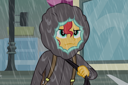Size: 6000x4000 | Tagged: safe, artist:spottedlions, sunset shimmer, eqg summertime shorts, equestria girls, g4, monday blues, :i, backpack, clothes, female, hoodie, rain, solo