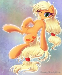 Size: 2000x2400 | Tagged: safe, artist:chaosangeldesu, applejack, earth pony, pony, g4, abstract background, female, high res, looking at you, mare, missing accessory, one eye closed, smiling, solo, wink