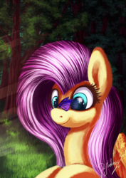 Size: 921x1300 | Tagged: safe, artist:shivannie, fluttershy, butterfly, pegasus, pony, g4, butterfly on nose, cross-eyed, cute, female, forest, grass, insect on nose, looking at something, mare, shyabetes, signature, smiling, solo, sunlight, tree