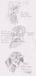 Size: 543x1141 | Tagged: safe, artist:threetwotwo32232, derpy hooves, starlight glimmer, twilight sparkle, g4, comic, headphones, metal gear, metal gear solid 2, monochrome, newbie artist training grounds, parody, pencil drawing, raiden, solid snake, solidus glimmer, solidus snake, text, traditional art