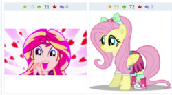 Size: 1157x637 | Tagged: safe, screencap, fluttershy, sunset shimmer, derpibooru, equestria girls, g4, my little pony equestria girls: summertime shorts, pet project, bow, clothes, converse, cute, equestria girls outfit, female, happy, juxtaposition, juxtaposition win, meme, meta, shimmerbetes, shimmering the gecko, shoes, shyabetes, simple background, sneakers