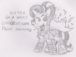 Size: 538x404 | Tagged: safe, artist:threetwotwo32232, starlight glimmer, g4, female, fire, metal gear, metal gear solid 2, monochrome, newbie artist training grounds, parody, pencil drawing, power suit, solidus glimmer, solidus snake, solo, text, traditional art