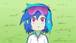 Size: 640x360 | Tagged: safe, artist:iron solari, dj pon-3, vinyl scratch, human, ponies the anthology vi, equestria girls, g4, animated, anime, clothes, constanze amalie von braunschbank-albrechtsberger, crossover, cute, eyes closed, female, glasses, grass, humanized, little witch academia, smiling, solo, sound, vinylbetes, webm
