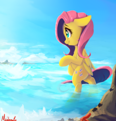 Size: 1400x1460 | Tagged: safe, artist:miokomata, fluttershy, pegasus, pony, g4, bipedal, butt, cute, female, mare, plot, shyabetes, smiling, solo, water