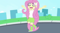 Size: 1280x720 | Tagged: safe, artist:iron solari, fluttershy, lyra heartstrings, mr. waddle, scootaloo, ponies the anthology vi, equestria girls, g4, animated, boots, cane, clothes, crossover, disney style, hair ornament, jewelry, necklace, running, running away, shoes, skirt, sound, spongebob squarepants, star vs the forces of evil, style emulation, the bully, violence, webm