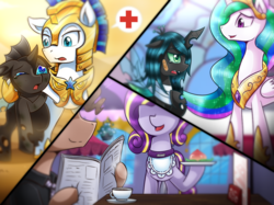 Size: 1067x800 | Tagged: safe, artist:vavacung, princess celestia, queen chrysalis, alicorn, changeling, earth pony, pony, comic:misguided love, g4, comic, female, male, part of a series, red cross, royal guard, story included