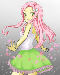 Size: 640x800 | Tagged: safe, artist:ayami, artist:林月恬, fluttershy, equestria girls, g4, blushing, clothes, cute, female, gradient background, hair accessory, looking at you, looking back, looking back at you, open mouth, pixiv, shyabetes, skirt, snow, snowflake, solo, tank top