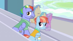 Size: 1280x720 | Tagged: safe, edit, edited screencap, screencap, apple bloom, berry punch, berryshine, bow hothoof, dizzy twister, goldengrape, linky, orange swirl, pinkie feather, rainy feather, scootaloo, shoeshine, sir colton vines iii, sweet pop, sweetie belle, windy whistles, earth pony, pegasus, pony, unicorn, ponies the anthology vi, g4, parental glideance, animated, backwards cutie mark, cutie mark crusaders, female, filly, foal, greeting, male, mare, micro, rainbow dash's parents, sound, squeaky belle, stallion, tiny ponies, webm